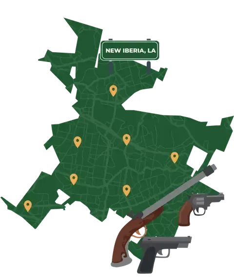 Picture of New Iberia, Louisiana City Map with New Iberia sign on it and places that we buy guns from.