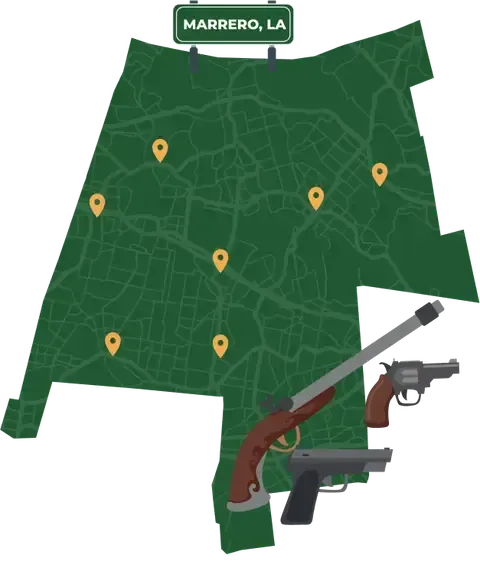 State map with Marrero, Louisiana highlighted, showing that Cash for Arms purchases guns in Marrero