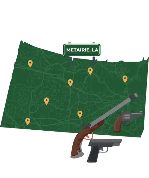 Picture of Metairie, Louisiana City Map with Metairie sign on it and places that we buy guns from.