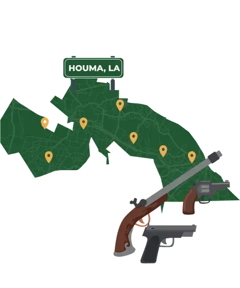 Picture of Houma, Louisiana City Map with Houma sign on it and places that we buy guns from.