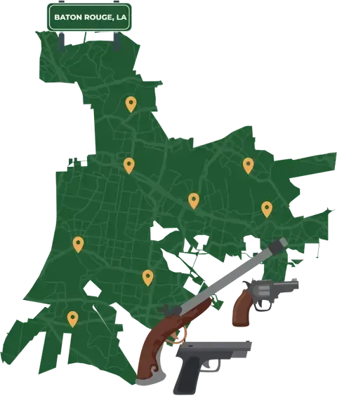 Picture of Baton Rouge, Louisiana City Map with Baton Rouge sign on it and places that we buy guns from.