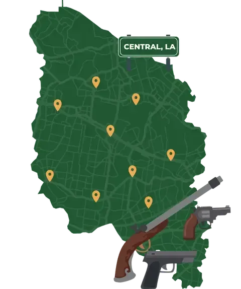 Picture of Central, Louisiana City Map with Central sign on it and places that we buy guns from.