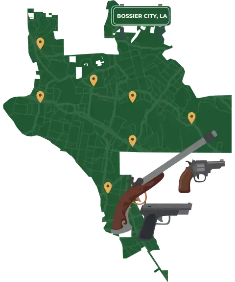 Picture of Bossier City, Louisiana City Map with Bossier City sign on it and places that we buy guns from.
