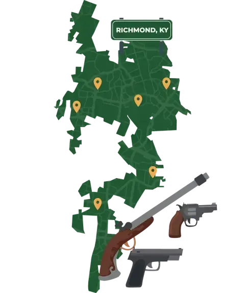 Picture of Richmond, Kentucky City Map with Richmond sign on it and places that we buy guns from.
