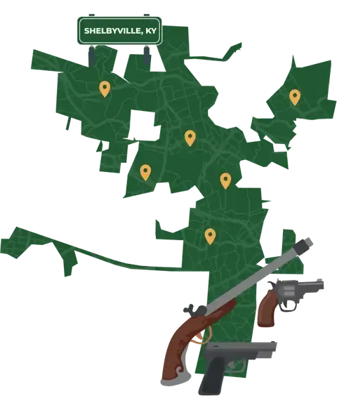 Picture of Shelbyville, Kentucky City Map with Shelbyville sign on it and places that we buy guns from.