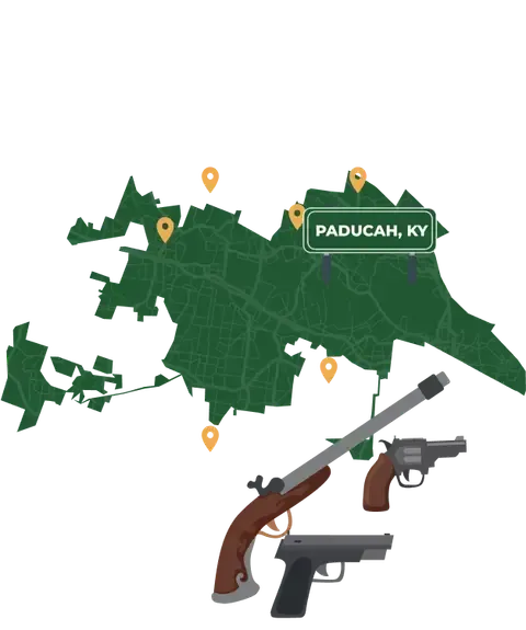 Picture of Paducah, Kentucky City Map with Paducah sign on it and places that we buy guns from.