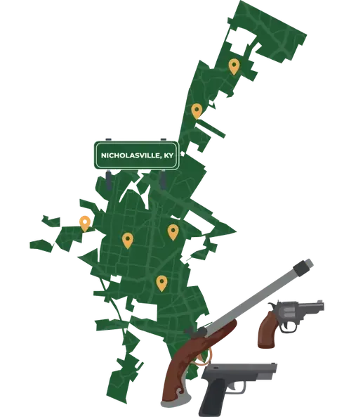 Picture of Nicholasville, Kentucky City Map with Nicholasville sign on it and places that we buy guns from.