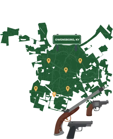 Picture of Owensboro, Kentucky City Map with Owensboro sign on it and places that we buy guns from.