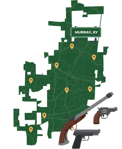 Picture of Murray, Kentucky City Map with Murray sign on it and places that we buy guns from.