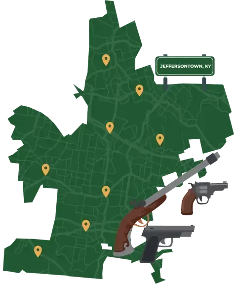 Picture of Jeffersontown, Kentucky City Map with Jeffersontown sign on it and places that we buy guns from.