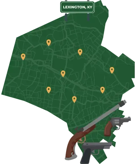 Picture of Lexington, Kentucky City Map with Lexington sign on it and places that we buy guns from.