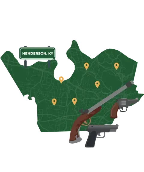Picture of Henderson, Kentucky City Map with Henderson sign on it and places that we buy guns from.