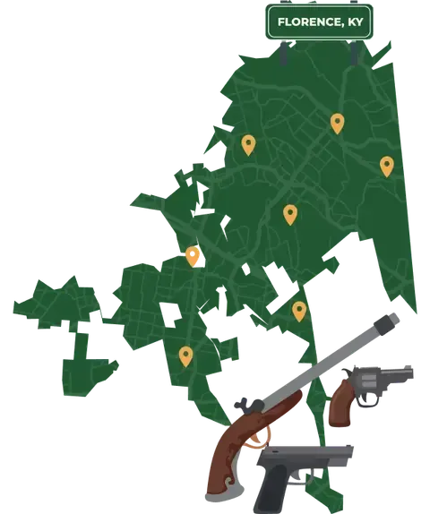 Picture of Florence, Kentucky City Map with Florence sign on it and places that we buy guns from.