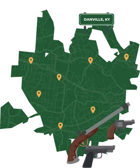 Picture of Danville, Kentucky City Map with Danville sign on it and places that we buy guns from.