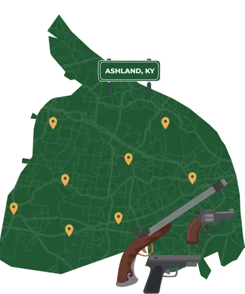 Picture of Ashland, Kentucky City Map with Ashland sign on it and places that we buy guns from.