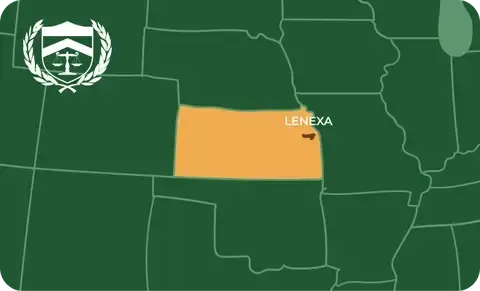 State map with Lenexa, Kansas highlighted, showing that Cash for Arms purchases guns in Lenexa