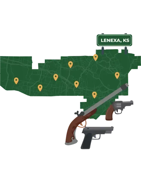 Picture of Lenexa, Kansas City Map with Lenexa sign on it and places that we buy guns from.