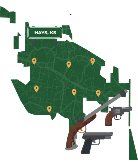 Picture of Hays, Kansas City Map with Hays sign on it and places that we buy guns from.