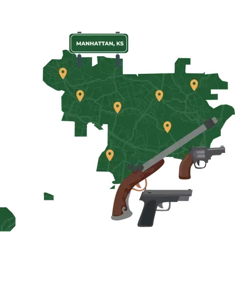 Picture of Manhattan, Kansas City Map with Manhattan sign on it and places that we buy guns from.