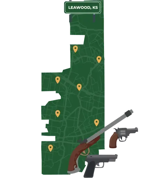 Picture of Leawood, Kansas City Map with Leawood sign on it and places that we buy guns from.