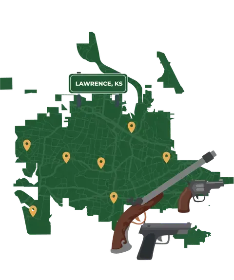 Picture of Lawrence, Kansas City Map with Lawrence sign on it and places that we buy guns from.