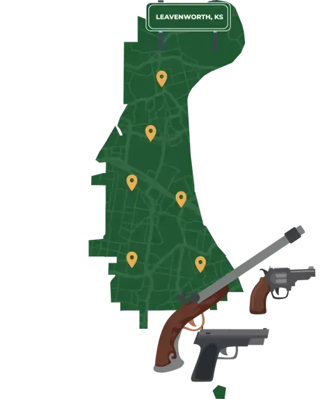 Picture of Leavenworth, Kansas City Map with Leavenworth sign on it and places that we buy guns from.