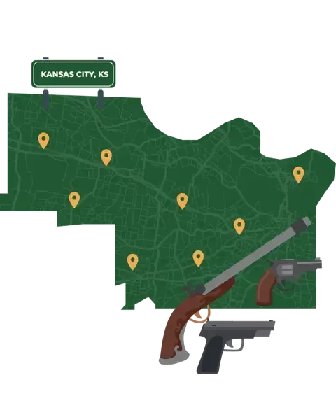Picture of Kansas City, Kansas City Map with Kansas City sign on it and places that we buy guns from.