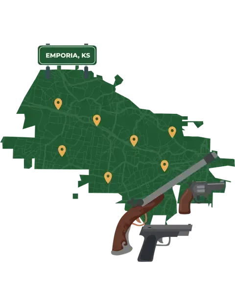 Picture of Emporia, Kansas City Map with Emporia sign on it and places that we buy guns from.