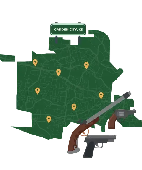 Picture of Garden City, Kansas City Map with Garden City sign on it and places that we buy guns from.