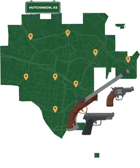Picture of Hutchinson, Kansas City Map with Hutchinson sign on it and places that we buy guns from.