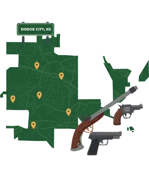 Picture of Dodge City, Kansas City Map with Dodge City sign on it and places that we buy guns from.