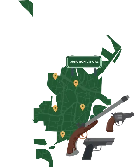 Picture of Junction City, Kansas City Map with Junction City sign on it and places that we buy guns from.