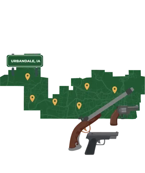 Picture of Urbandale, Iowa City Map with Urbandale sign on it and places that we buy guns from.