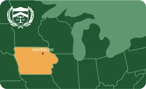 State map with Waterloo, Iowa highlighted, showing that Cash for Arms purchases guns in Waterloo