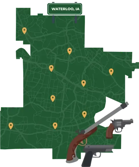 Picture of Waterloo, Iowa City Map with Waterloo sign on it and places that we buy guns from.