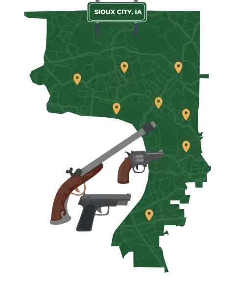 Picture of Sioux City, Iowa City Map with Sioux City sign on it and places that we buy guns from.