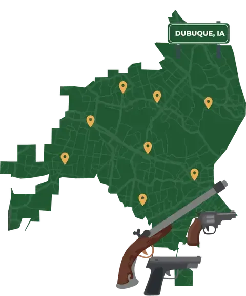 Picture of Dubuque, Iowa City Map with Dubuque sign on it and places that we buy guns from.