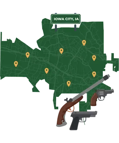 Picture of Iowa City, Iowa City Map with Iowa City sign on it and places that we buy guns from.