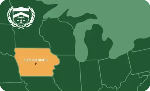 State map with Des Moines, Iowa highlighted, showing that Cash for Arms purchases guns in Des Moines