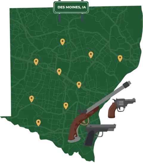 Picture of Des Moines, Iowa City Map with Des Moines sign on it and places that we buy guns from.