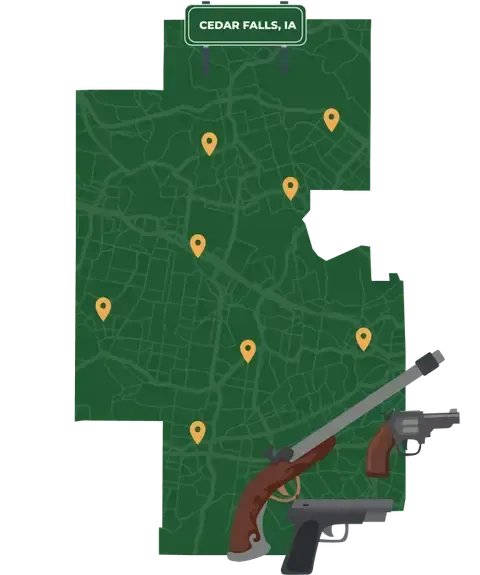 Picture of Cedar Falls, Iowa City Map with Cedar Falls sign on it and places that we buy guns from.
