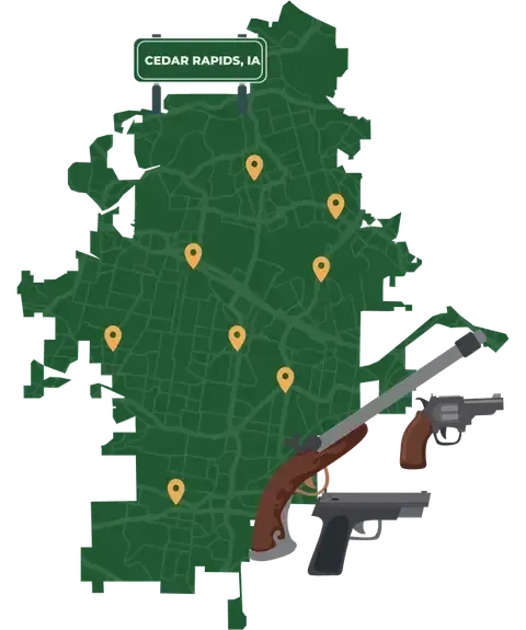Picture of Cedar Rapids, Iowa City Map with Cedar Rapids sign on it and places that we buy guns from.