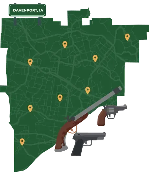 Picture of Davenport, Iowa City Map with Davenport sign on it and places that we buy guns from.