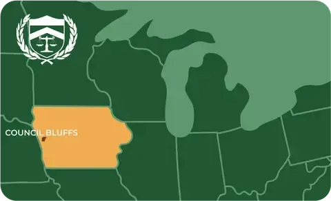 State map with Council Bluffs, Iowa highlighted, showing that Cash for Arms purchases guns in Council Bluffs