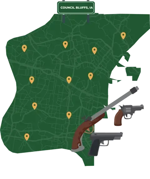 Picture of Council Bluffs, Iowa City Map with Council Bluffs sign on it and places that we buy guns from.