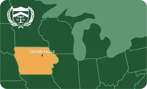 State map with Cedar Falls, Iowa highlighted, showing that Cash for Arms purchases guns in Cedar Falls