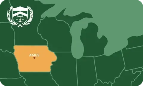 State map with Ames, Iowa highlighted, showing that Cash for Arms purchases guns in Ames