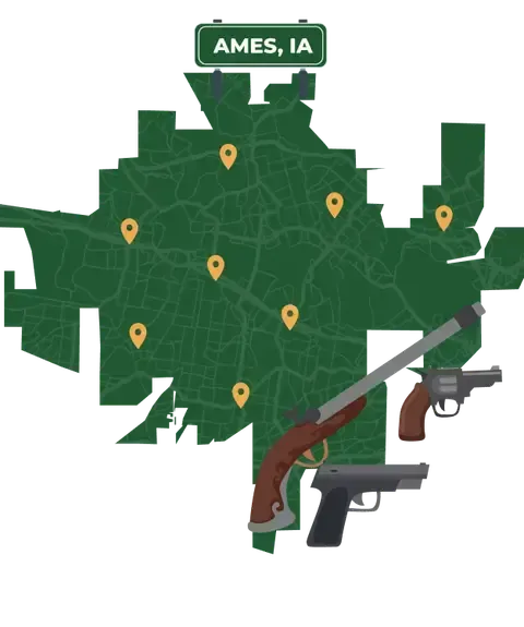 Picture of Ames, Iowa City Map with Ames sign on it and places that we buy guns from.