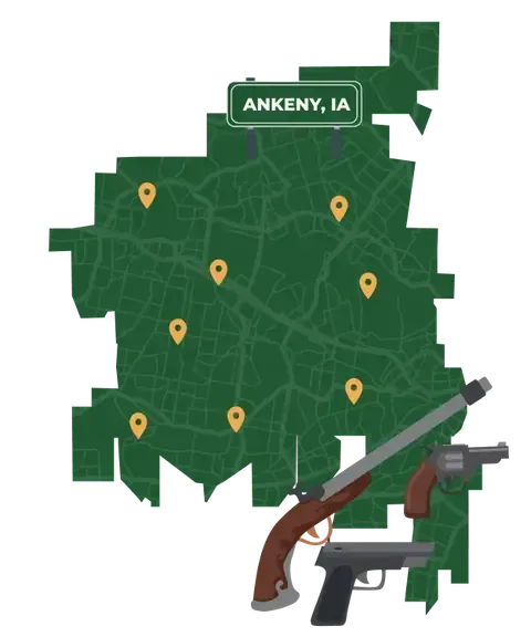 Picture of Ankeny, Iowa City Map with Ankeny sign on it and places that we buy guns from.