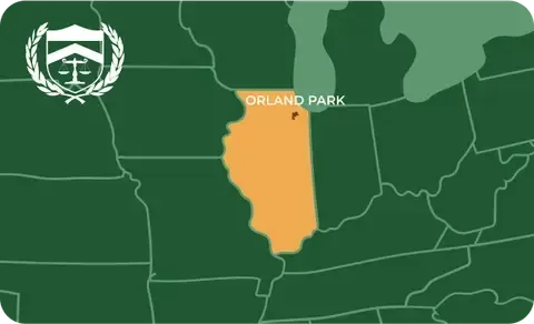 State map with Orland Park, Illinois highlighted, showing that Cash for Arms purchases guns in Orland Park